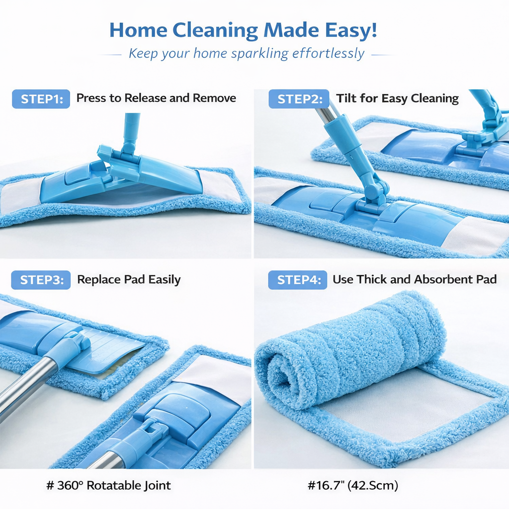 Detachable Coral Fleece Flat Mop with Stainless Steel Handle